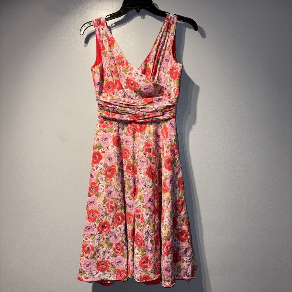 Babydoll Pink/Red  Floral Chiffon Dress Silk Blend Whimsical Flirty Romantic Sz2